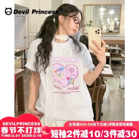 2024春夏新款白色正肩短袖t恤女chic可爱风卡通印花宽松半袖上衣图片