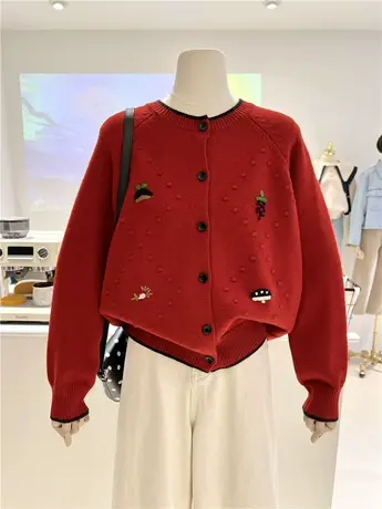 高级百搭韩系气质时尚刺绣宽松针织系扣毛衣开衫外套上衣女叠穿图片