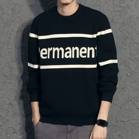 奕飏2019秋季字母提花毛衣男韩版 撞色拼接男生圆领针织衫秋装潮商品大图