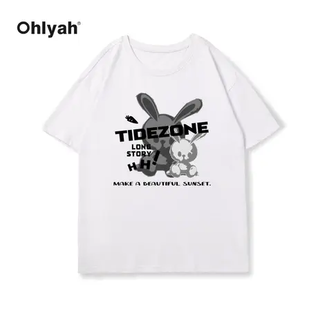 Ohlyah潮牌卡通印花白色短袖T恤男ins街头宽松休闲情侣纯棉半袖图片