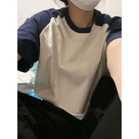 bf原宿风纯棉插肩短袖T恤女夏装韩版宽松百搭拼接撞色半袖上衣服图片