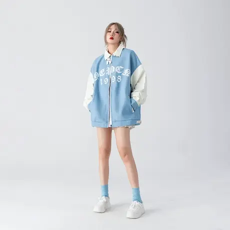 YEP拼接外套女春秋款ins国潮oversize宽松休闲秋季复古机车风夹克图片