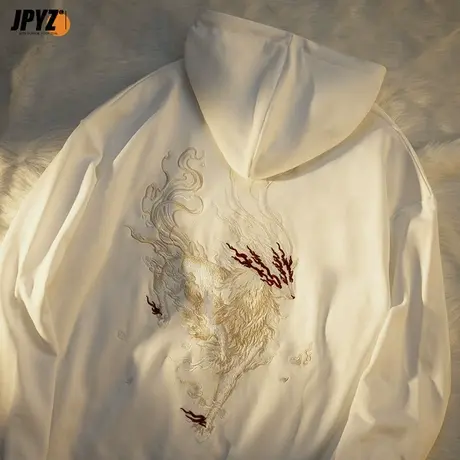 国潮麒麟刺绣连帽卫衣加绒加厚男秋冬季帽衫套头上衣潮流宽松外套商品大图