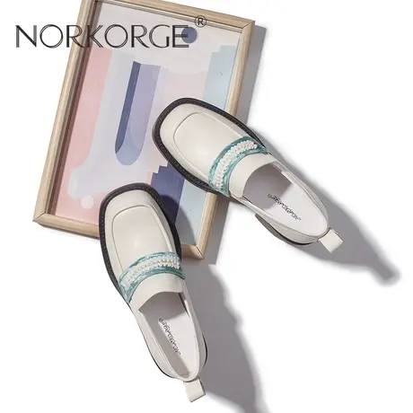 2024新款秋复古JK风温柔白色乐福鞋单鞋女鞋真皮方头粗跟高跟鞋女商品大图