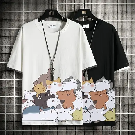 夏季潮牌短袖T恤男士宽松纯棉半袖体恤衫胖子大码男装猫咪上衣服商品大图