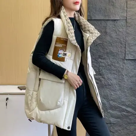 羽绒棉马甲女2023冬季新款设计感修身刺绣拼接大口袋坎肩外穿马夹商品大图