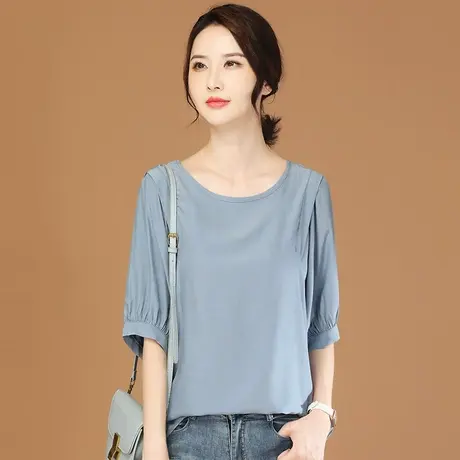 韩潮袭人高级感圆领五分袖衬衣女2023夏新款拼接套头衬衫设计感薄商品大图