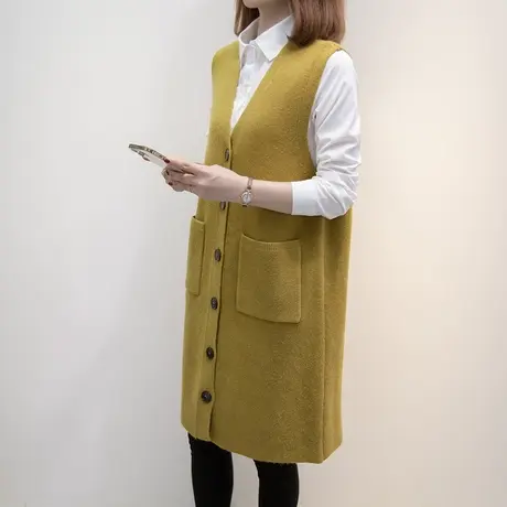 中长款v领针织开衫马甲背心女2023秋装新款宽松外穿马夹毛衣坎肩商品大图