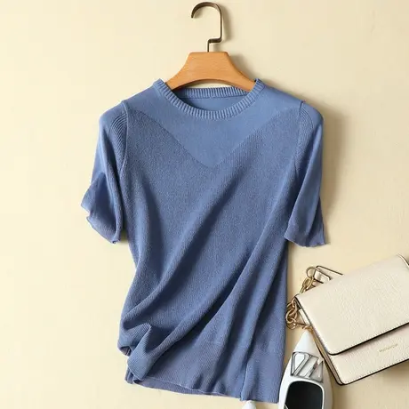 冰丝针织衫短袖t恤女春夏2023新款圆领宽松显瘦薄款打底衫女上衣商品大图
