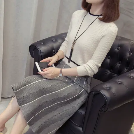 中长款毛衣女秋冬季新款修身打底衫洋气套头针织衫内搭毛衣裙图片