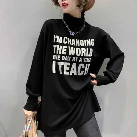 半高领加绒打底衫女秋冬加厚磨毛T恤长袖欧货大版宽松百搭上衣潮商品大图