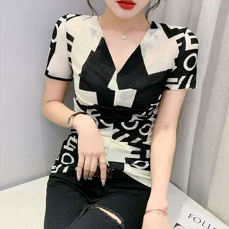 时尚印花T恤女短袖夏季性感V领小衫欧货气质网纱上衣百搭修身半袖商品大图