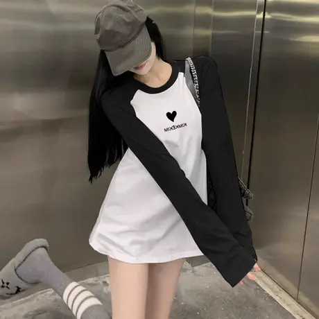 中长款插肩长袖t恤女2023秋冬新款设计感小众上衣纯棉港风打底衫商品大图