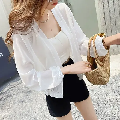 2023新款薄款雪纺短外套开衫女夏天白色防晒衣外搭罩衫防晒衫外穿图片