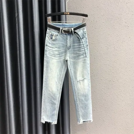 夏季新款小个子八分直筒裤女港味破洞百搭休闲高腰小脚烟管牛仔裤商品大图