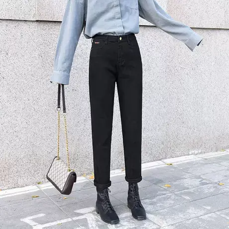 黑色牛仔裤女直筒宽松2023年秋冬加绒加厚高腰显瘦九分烟管哈伦裤商品大图