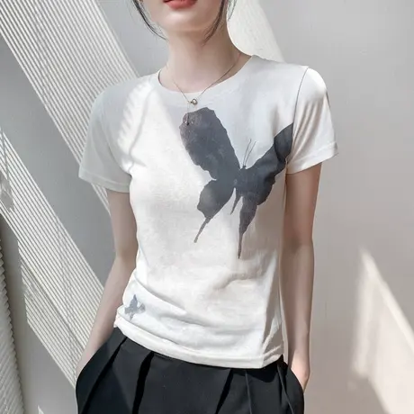 蝴蝶t恤女2023夏季新款百搭正肩圆领印花图案薄款透气短袖上衣图片