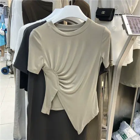 短袖t恤女2021夏季新款设计感不规则开叉修身显瘦弹力短款上衣服图片