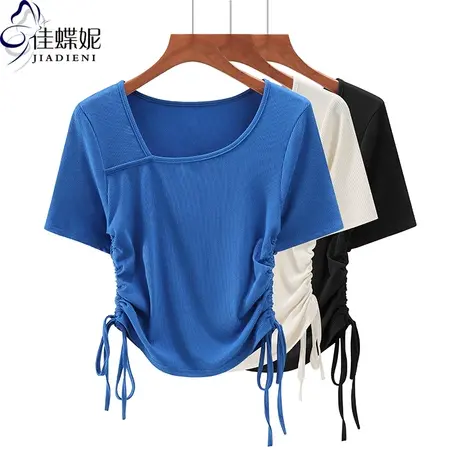 夏季新款韩版斜领抽绳短款纯白纯色修身短袖体恤上衣内搭女打底衫商品大图