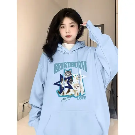 连帽奶蓝色卫衣女春秋季薄款宽松小个子潮牌美式复古港风chic外套图片