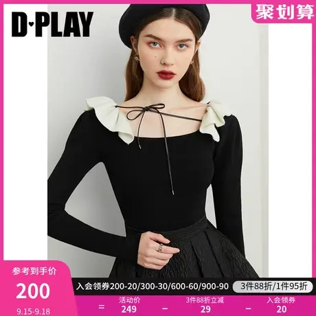 DPLAY冬季新氛围感上衣温柔修身黑拼白色荷叶边装饰套头毛衣商品大图