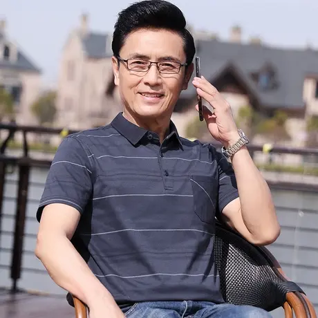 爸爸夏装短袖t恤中老年冰丝中年人polo衫男士夏季条纹宽松上衣服商品大图