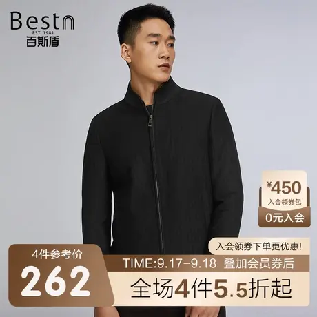 百斯盾 呢料夹克衫 2023年秋冬款竖条纹时尚修身立领针织茄克外套商品大图