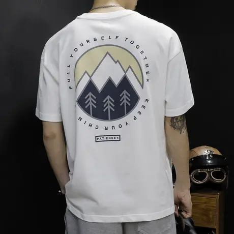 白色短袖t恤男士夏季宽松ins潮牌胖子大码2023新款加肥加大体恤商品大图