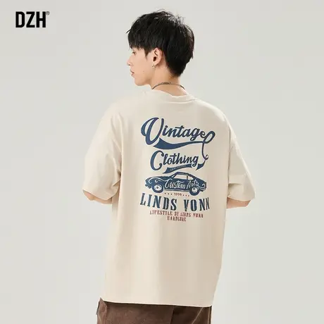 男士发泡印花t恤男美式潮牌夏季半袖上衣男装2023年新款杏色短袖商品大图