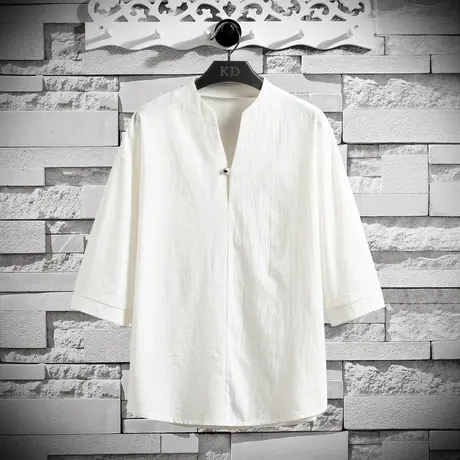 中国风棉麻短袖t恤男夏季V领半袖打底衫汉服宽松复古男装禅服上衣商品大图