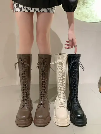 网红绑带长筒靴女2023秋冬新款高筒厚底不过膝瘦瘦靴小个子骑士靴商品大图