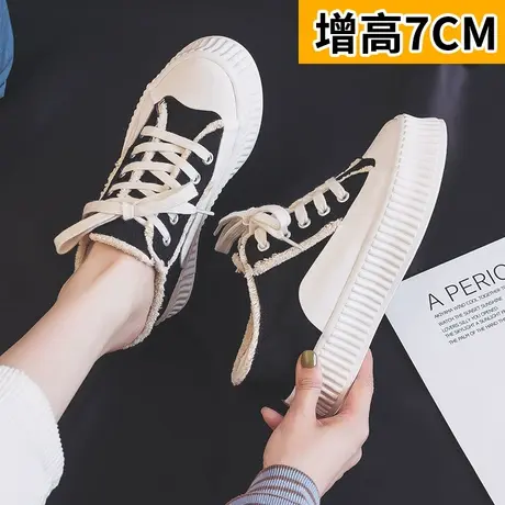 内增高7厘米帆布鞋女2023夏秋季新款饼干半拖鞋百搭乞丐厚底板鞋图片