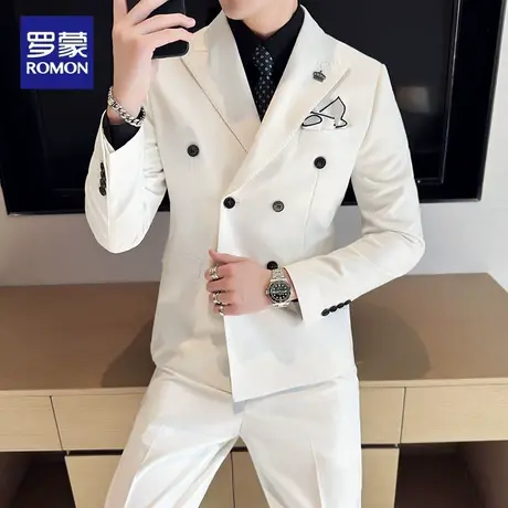 罗蒙简约高级感双排扣西服男套装英伦正装韩版新郎结婚礼服西装男图片