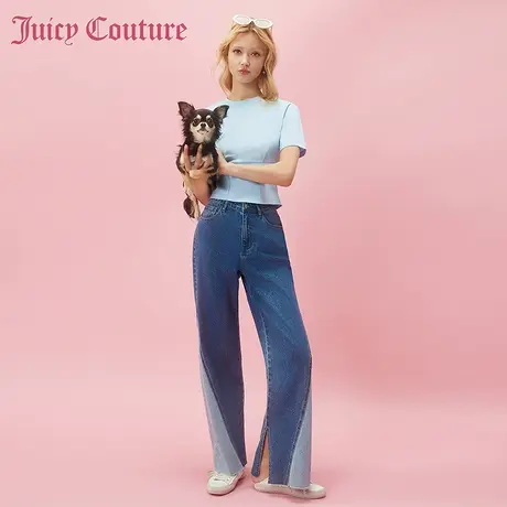 Juicy Couture橘滋2024早春穿搭新款刺绣拼色开衩女式牛仔裤商品大图