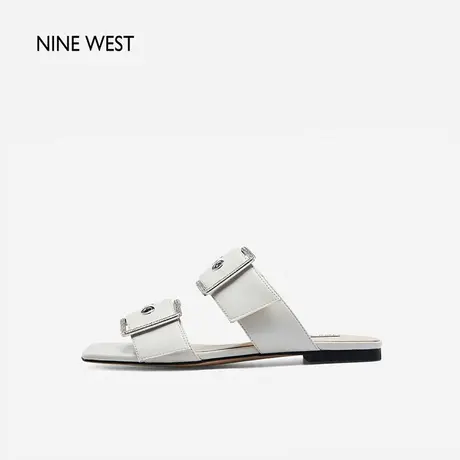 Nine West/玖熙钻扣拖鞋女外穿夏季时尚羊皮一字带平底勃肯鞋凉拖图片