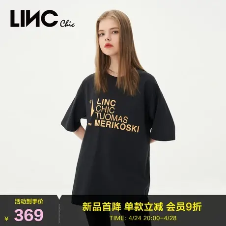 商场同款LINC金羽杰宽松T恤女2023夏秋新款简约标语印字半袖外套商品大图