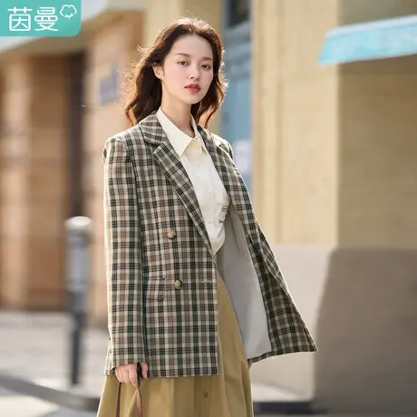 茵曼2023春女装新款经典复古枪驳领格纹双排扣后中开衩长袖西装图片