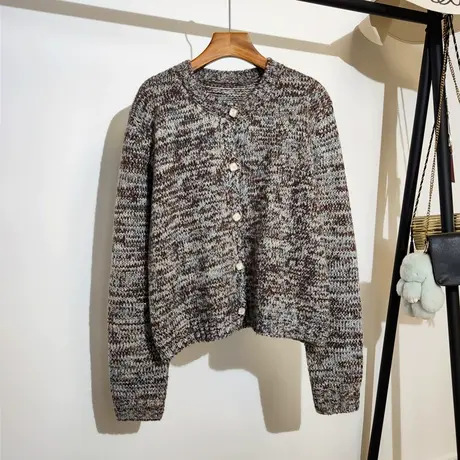 小香风花线针织开衫女秋冬新款韩版宽松圆领复古显瘦长袖毛衣外穿商品大图