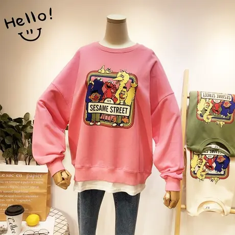 2020春新款韩国东大门ulzzang搞怪卡通假两件毛圈棉卫衣大码显瘦商品大图