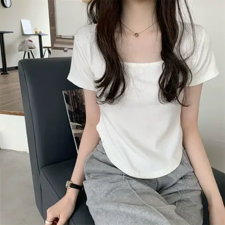 白色方领T恤短袖女夏季2023年新款内搭设计感小众短款不规则上衣商品大图