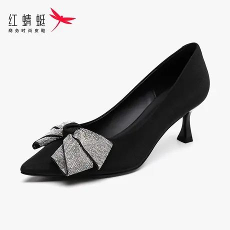 红蜻蜓女鞋黑色蝴蝶结细跟5厘米高跟鞋女2024新款尖头秋季小猫跟图片