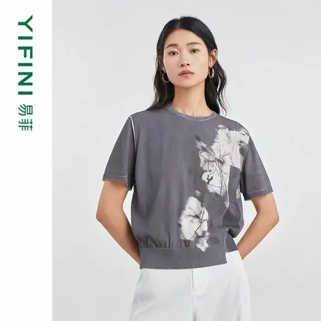 [专柜同款]Yifini/易菲艺术印花不规则设计感宽松针织衫D04M1012图片