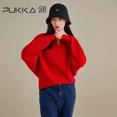 蒲PUKKA 毛衣女小V领红色羊毛宽松套头针织衫2022新款女士毛衫图片