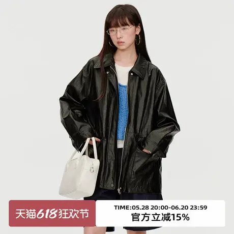 omont蛋挞家 复古黑色PU皮翻领皮衣外套2025春季宽松休闲中长上衣图片