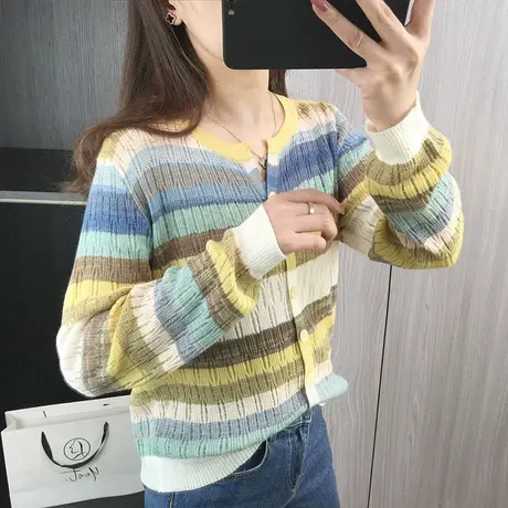 拼色v领薄款毛衣开衫女装2024新款春秋季爆款宽松针织衫上衣外套商品大图