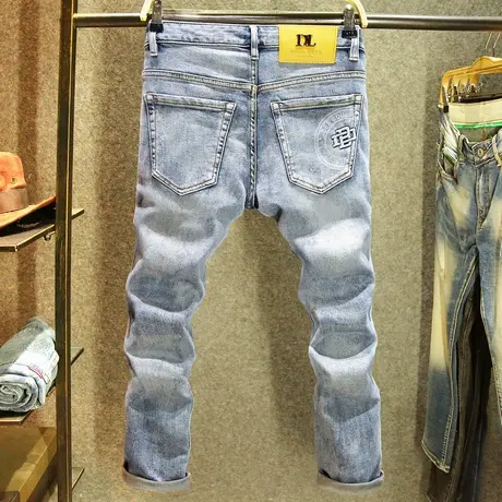 简约时尚百搭夏季牛仔裤男小脚修身弹力裤子潮流韩版水洗磨白长裤商品大图