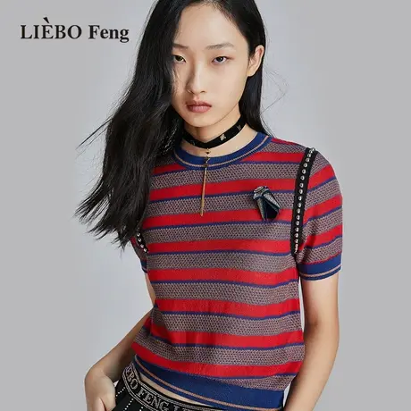 裂帛LIEBOFeng设计师品牌2023年新复古条纹铆钉套头短袖针织衫女图片
