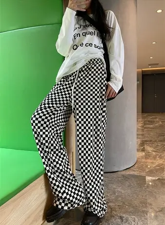 棋盘格子阔腿裤女春秋夏季薄款卫裤高腰垂感宽松直筒休闲运动裤子商品大图