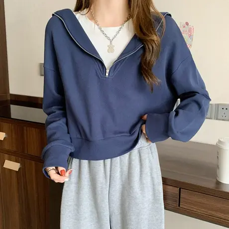 假两件海军领短款卫衣女春秋薄款2023年新款韩版宽松长袖上衣外套商品大图