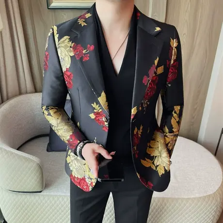 重工法式浪漫玫瑰刺绣西服男秋季外套2025年时尚痞帅商务通勤西装商品大图